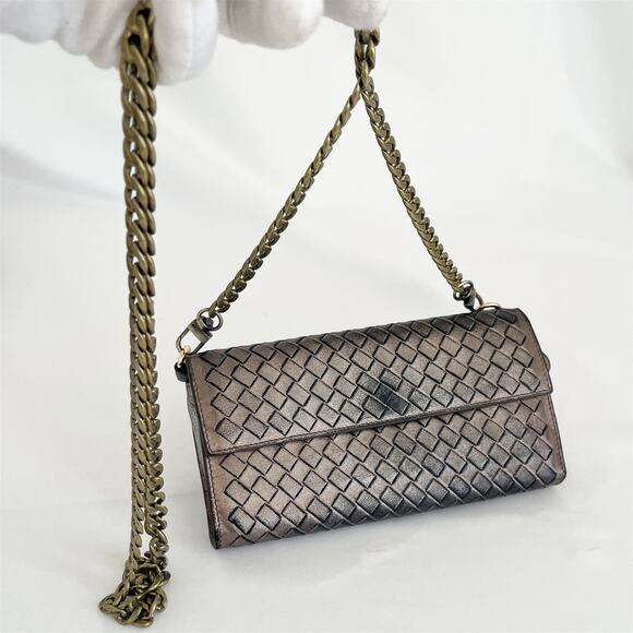BOTTEGA VENETA Intrecciato Long Wallet Metallic Bronze Leather Womens - Picture 1 of 13